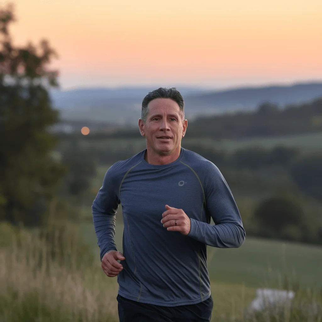 Middle-aged man running outdoors at sunset, promoting healthy aging and longevity for men.