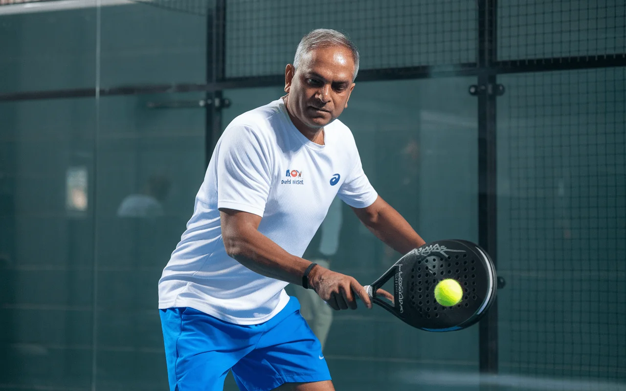 Middle-aged man actively playing paddle tennis, embodying fitness and longevity for men.