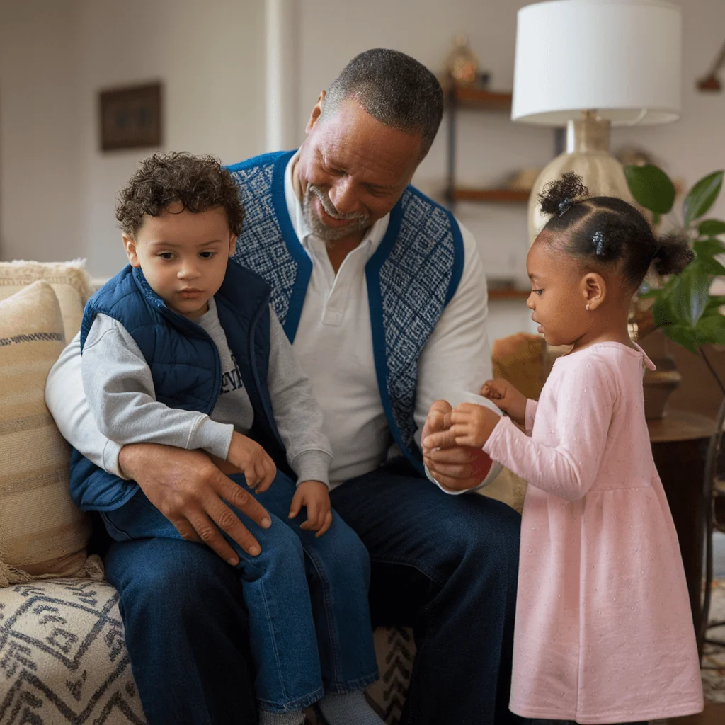 A man with graying hair smiles as he holds a young boy on his lap while a young girl stands nearby, symbolizing family and active aging for men.