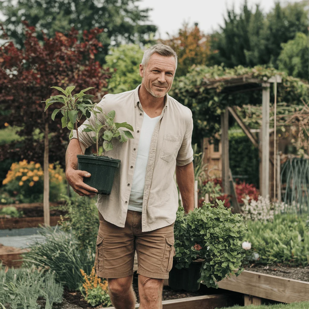Fit, smiling middle-aged man carrying plants in a garden. Focus on healthy aging for men.