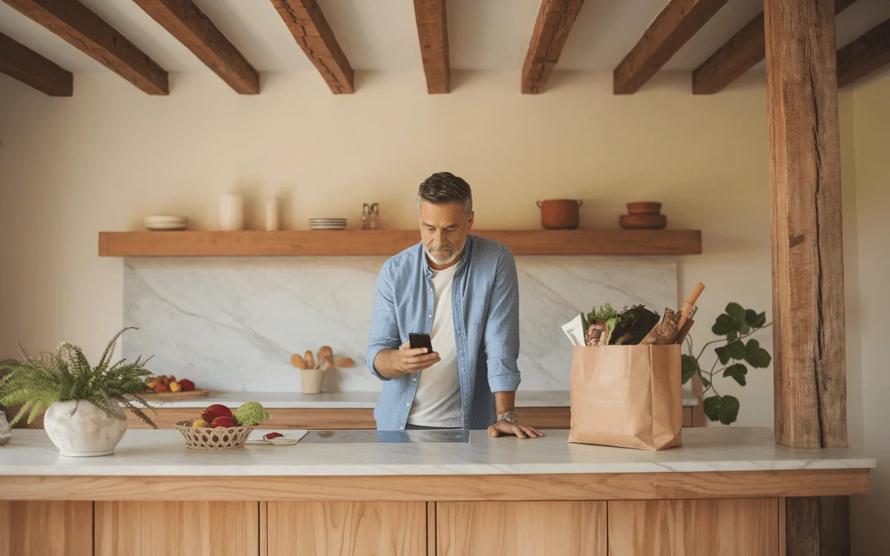Middle-aged man with beard checking his smartphone in a modern kitchen, with a grocery bag filled with fresh produce on the counter.
