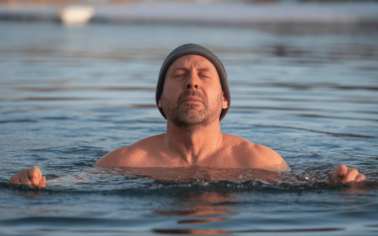 Middle-aged man meditating in cold water, embracing healthy aging and longevity practices for men.