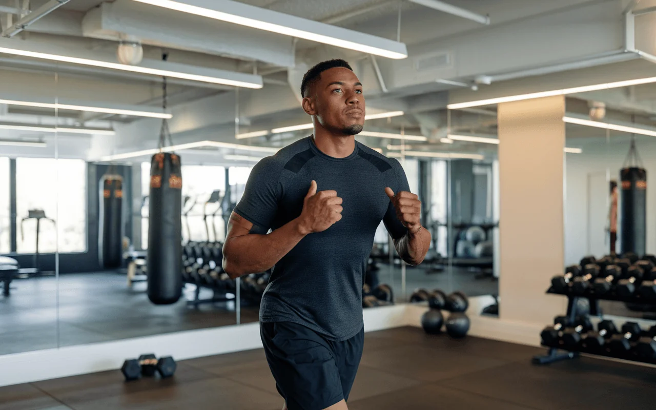 Man running in a gym, focusing on fitness for men's aging and longevity goals, building muscle and staying active.