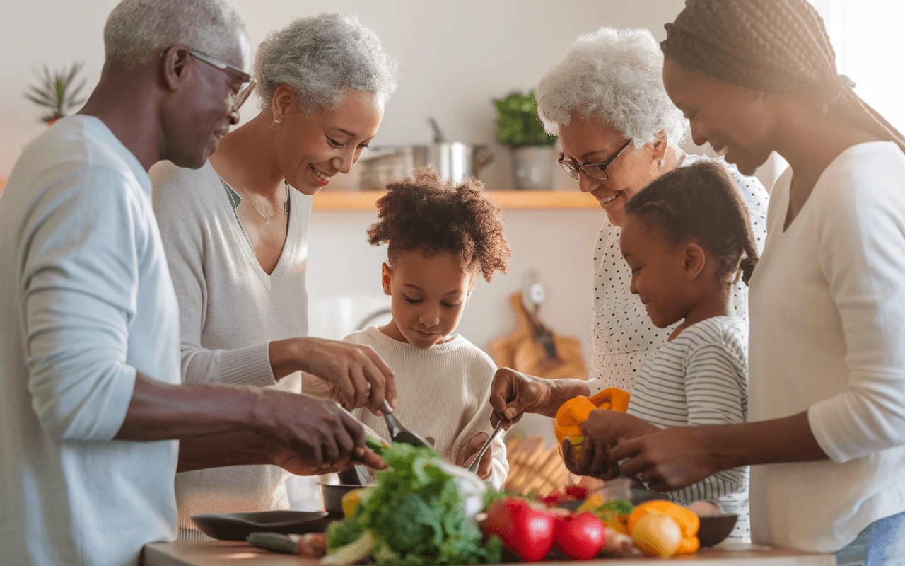 Multi-generational Black family happily cooking together in a sunlit kitchen, promoting mood support.