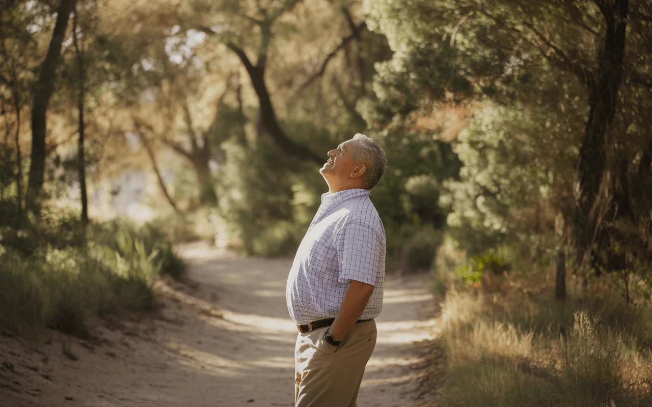 Smiling older man looking up at the sky in a natural wooded setting, promoting mood support and well-being.