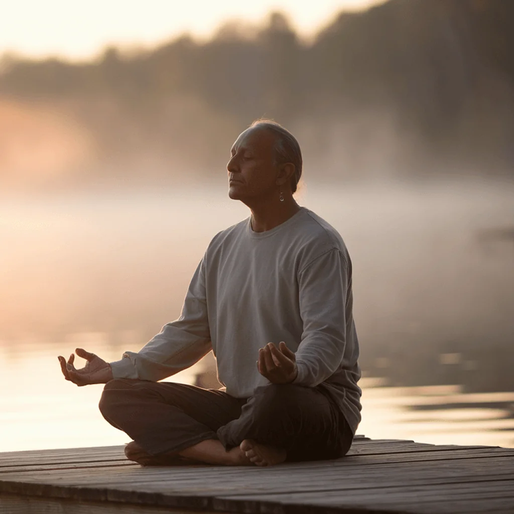 Elderly man meditating peacefully on a wooden dock at sunrise, practicing mindfulness for better mood and longevity.