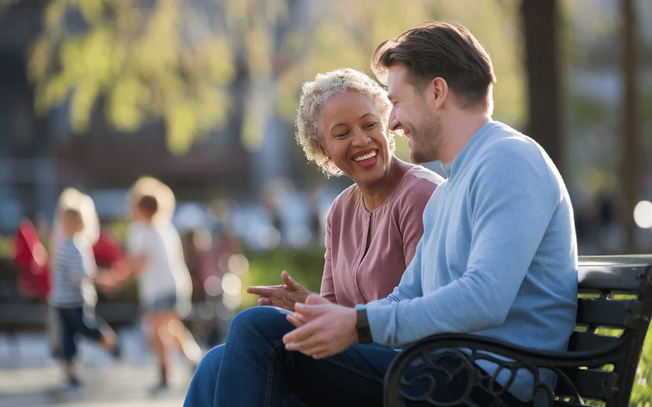 Diverse couple laughing together on a park bench, promoting longevity and mood support.