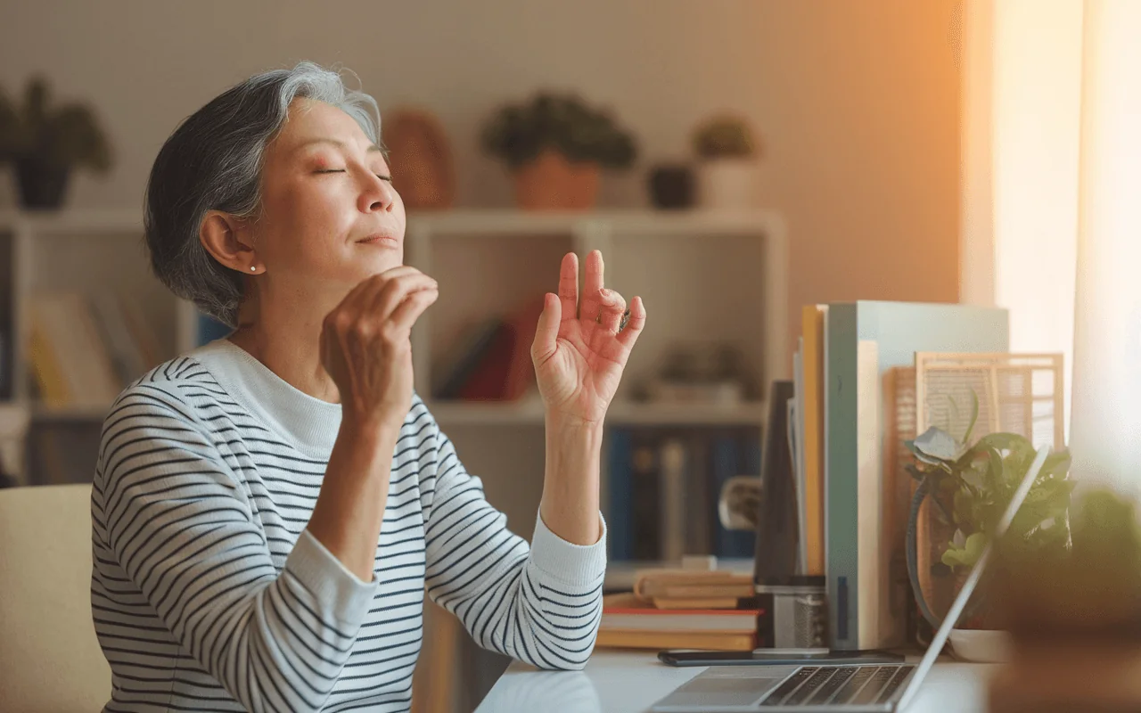 Elderly Asian woman meditating at her desk, eyes closed, fingers in mudra pose.