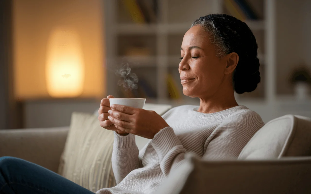 Mature woman with eyes closed, savoring a warm cup of tea, embodying calm and mood support.