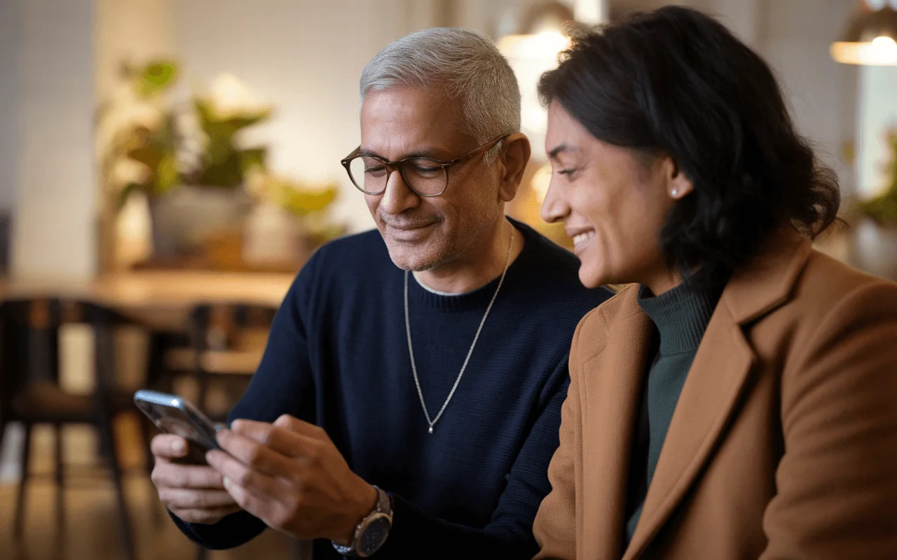 Couple reviewing a health app on a smartphone, symbolizing weight management and healthy lifestyle choices for longevity.