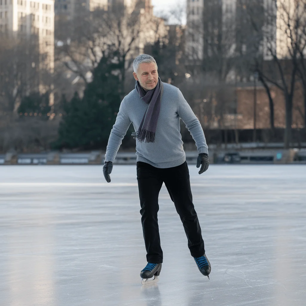 Fit middle-aged man ice skating outdoors, smiling, an example of active weight management.