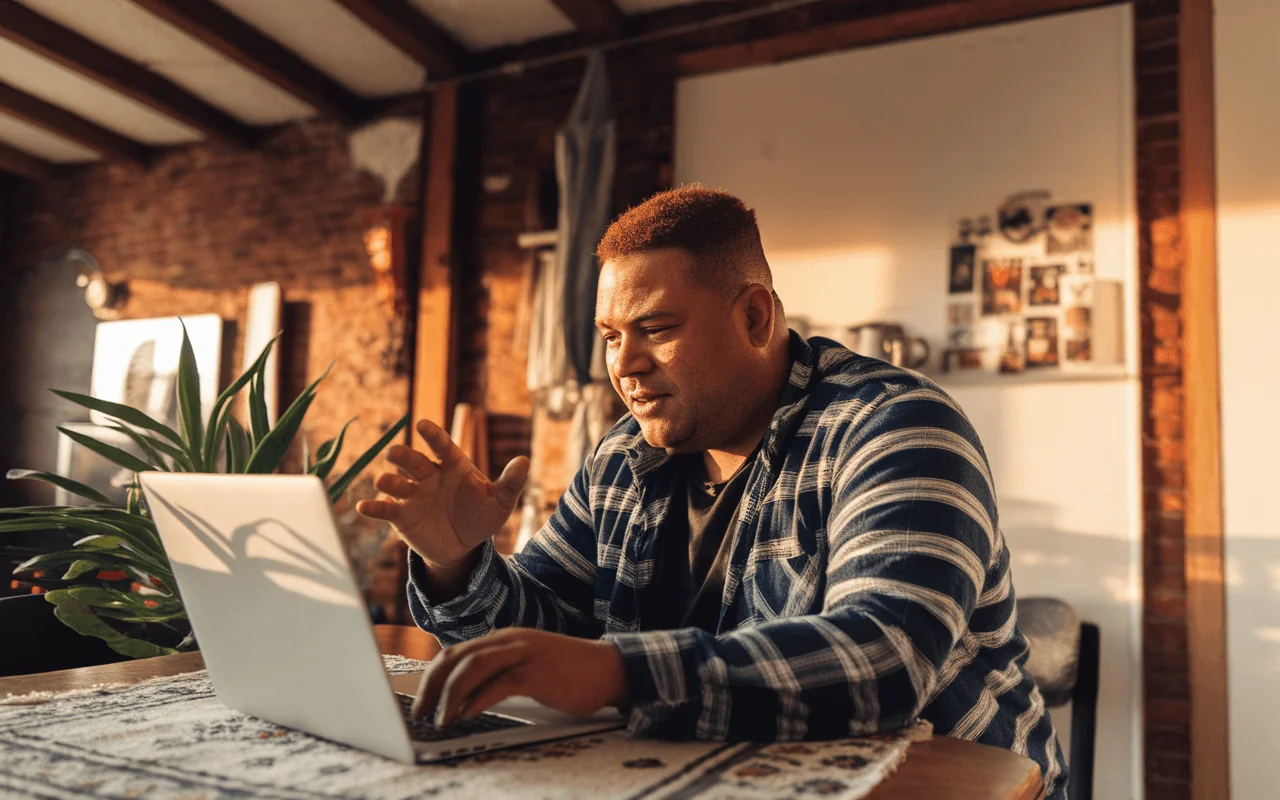 A man with reddish-brown hair works on his laptop, discussing weight management strategies for longevity and health.
