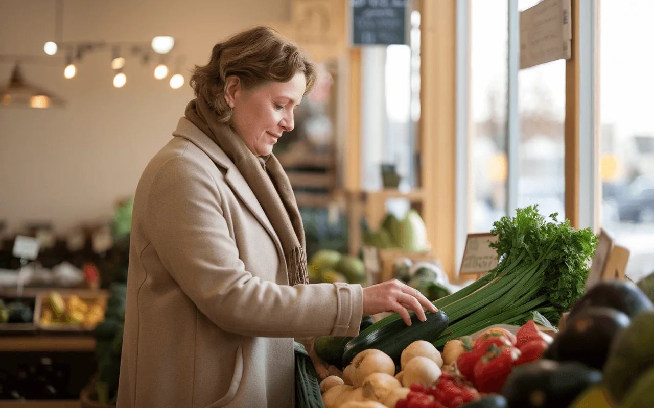 Middle-aged woman happily selecting vegetables like zucchini and celery for a healthy diet, promoting weight management.