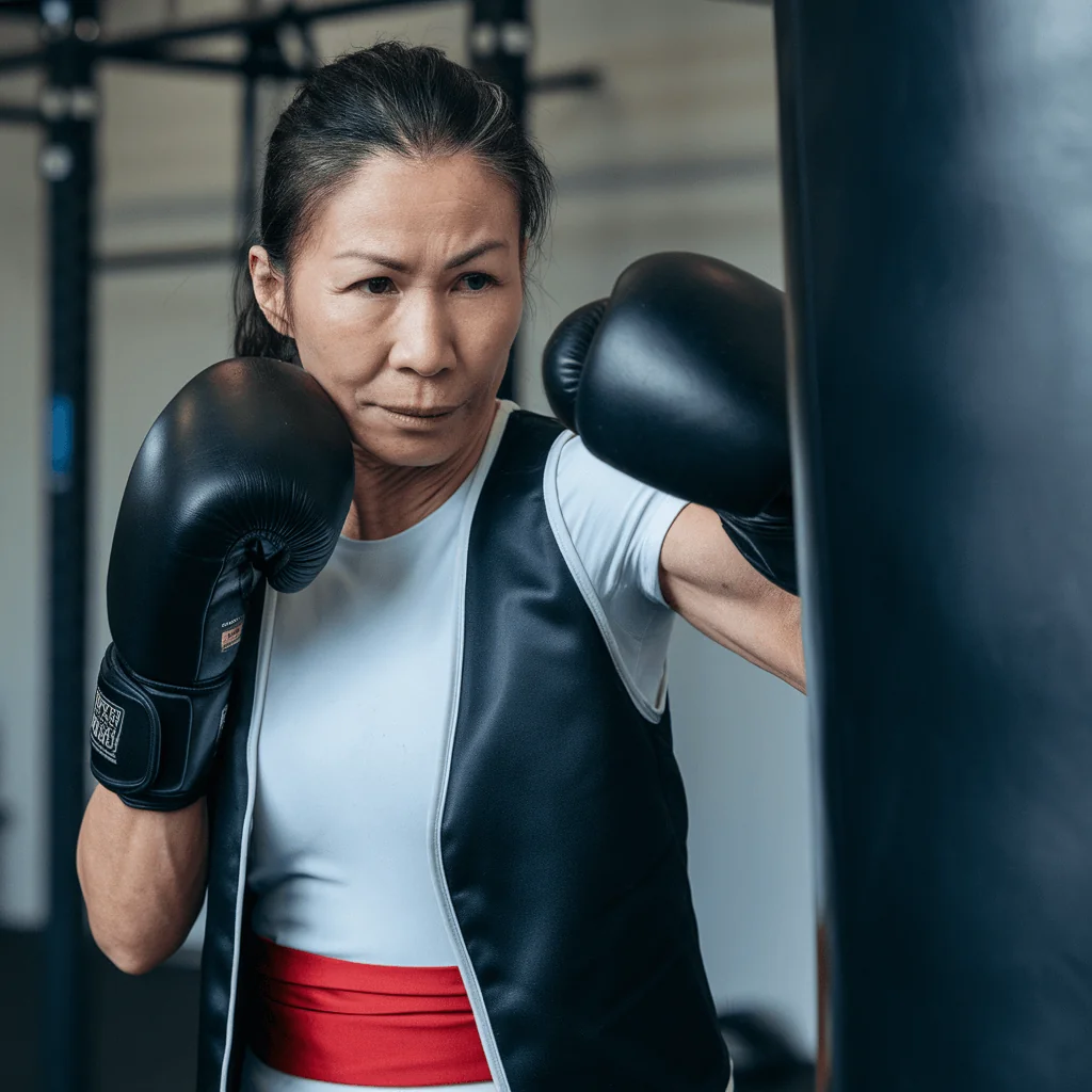 Fit Asian woman over 50 boxing a heavy bag, showing strength and agility for healthy aging.