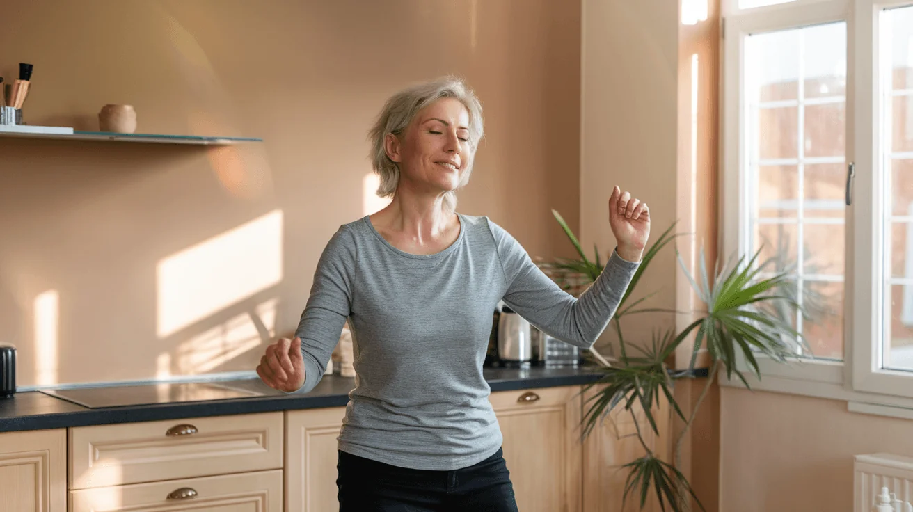 Smiling older woman with short grey hair dancing joyfully in a sunlit kitchen, embracing a healthy and vibrant lifestyle for longevity.