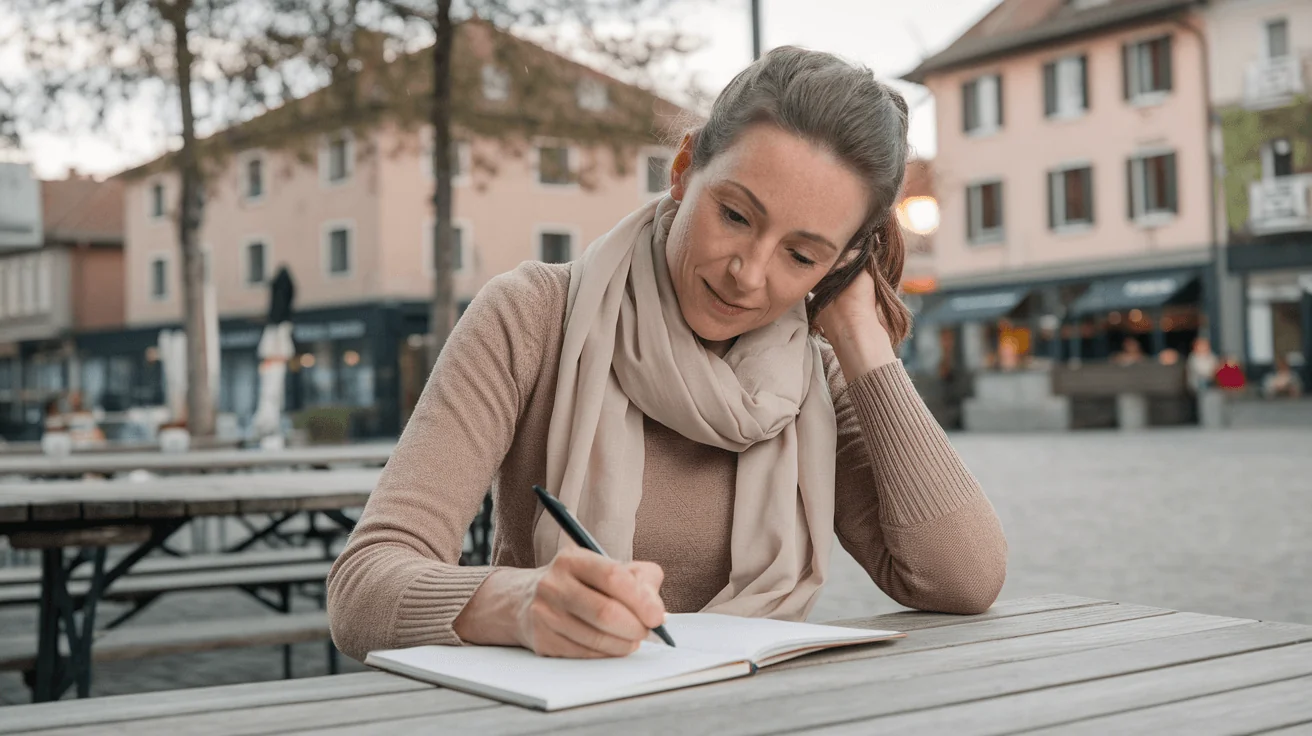 A middle-aged woman journaling outdoors, embodying wellness and healthy aging for women.