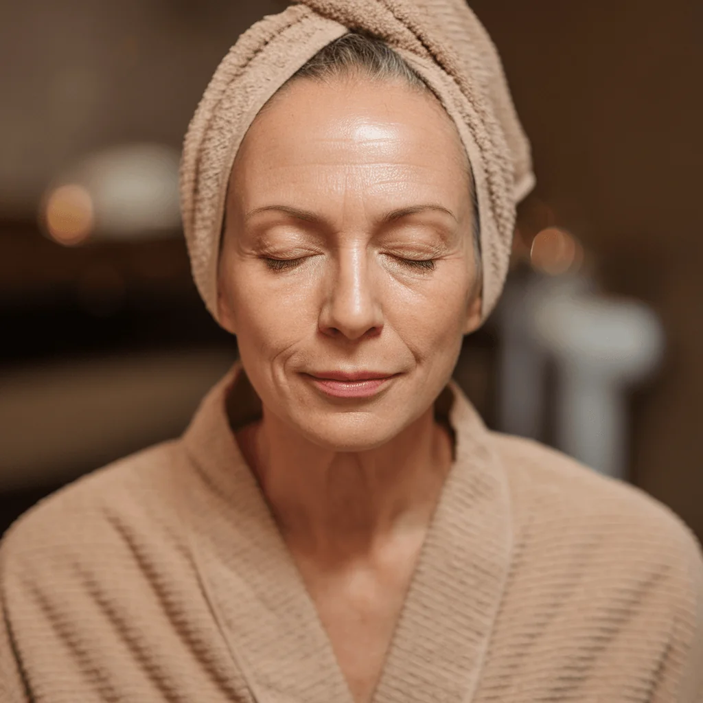 A middle-aged woman with a towel wrapped hair and bathrobe, eyes closed in a moment of peaceful self-care, representing healthy aging for women.