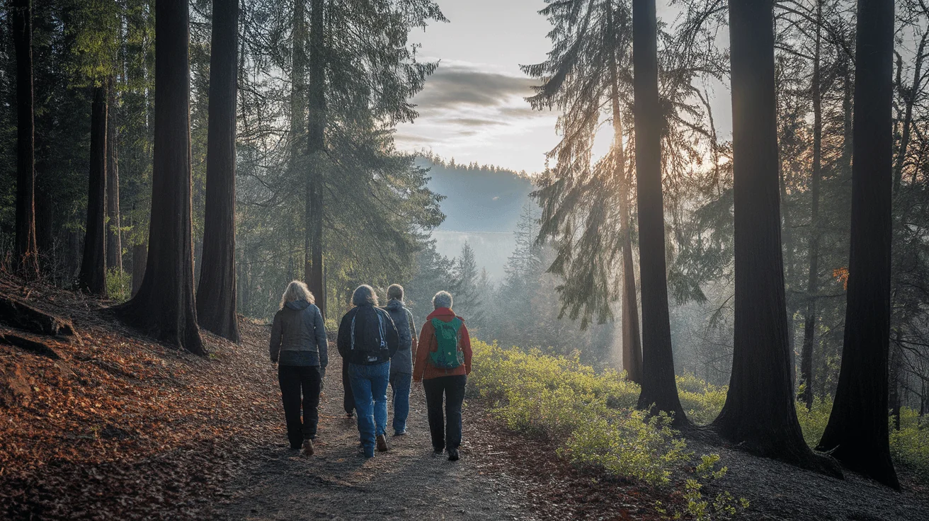 Group of women enjoy a brisk hike in a serene, sun-dappled forest, promoting active aging and well-being.