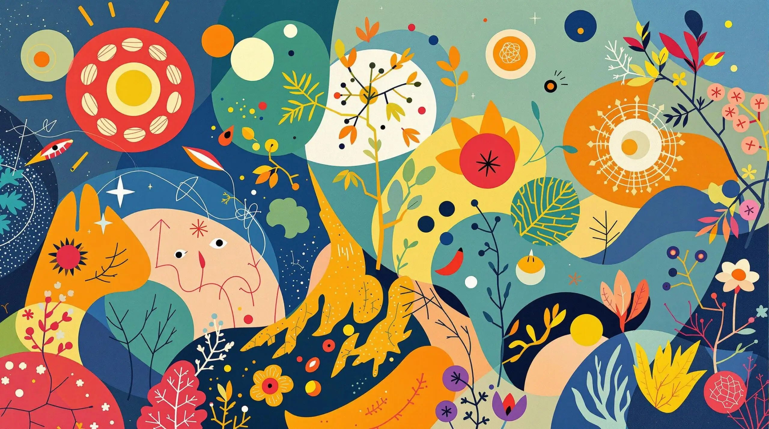Illustration of Ashwagandha and Rhodiola roots with abstract shapes in a vibrant Kandinsky style.