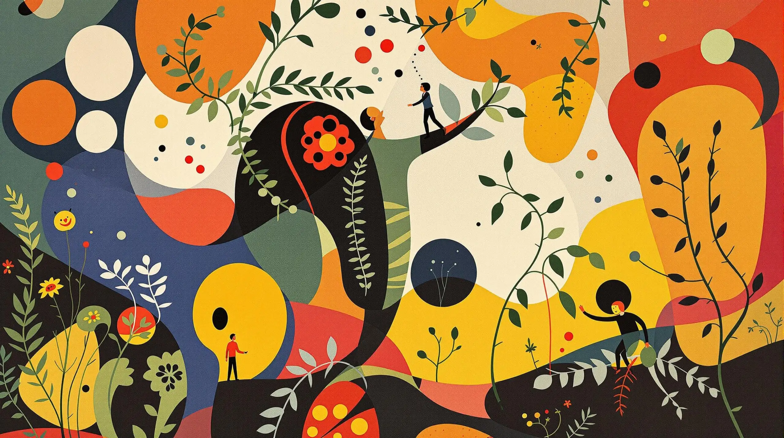 Illustrated collage featuring Ashwagandha and Rhodiola with abstract shapes in vibrant colors.