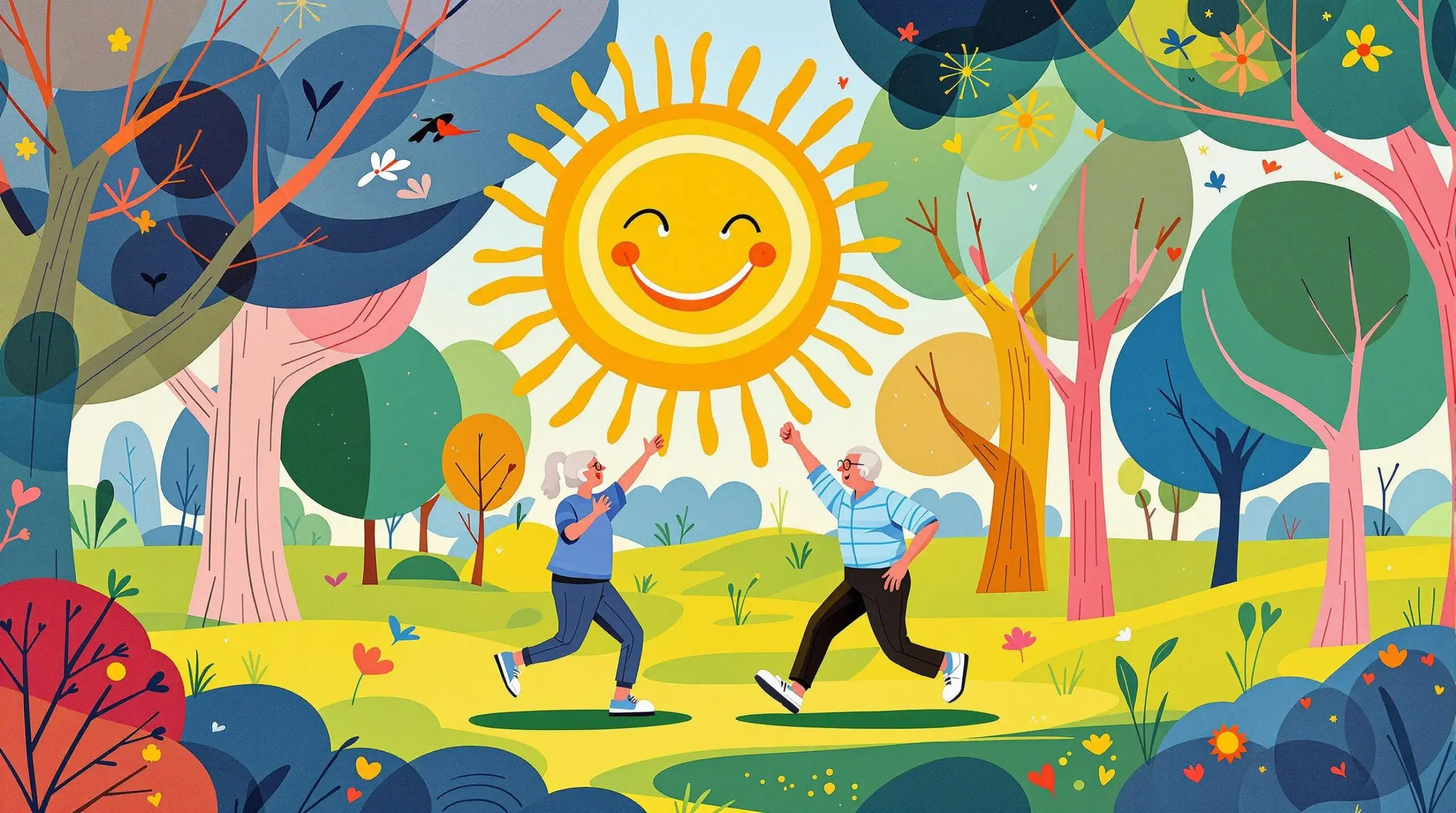 Two elderly people exercising in a vibrant, abstract park setting with playful elements.
