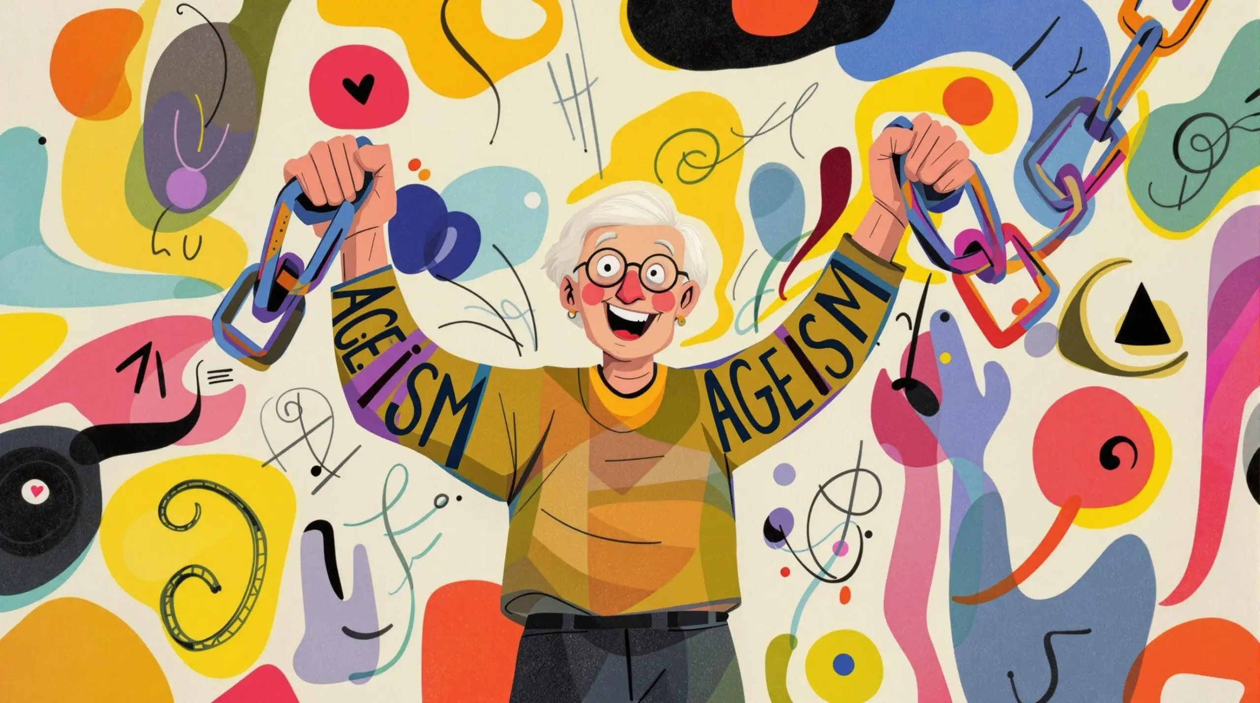 An elderly person breaking free from chains labeled 'Ageism' in a vibrant, abstract setting.