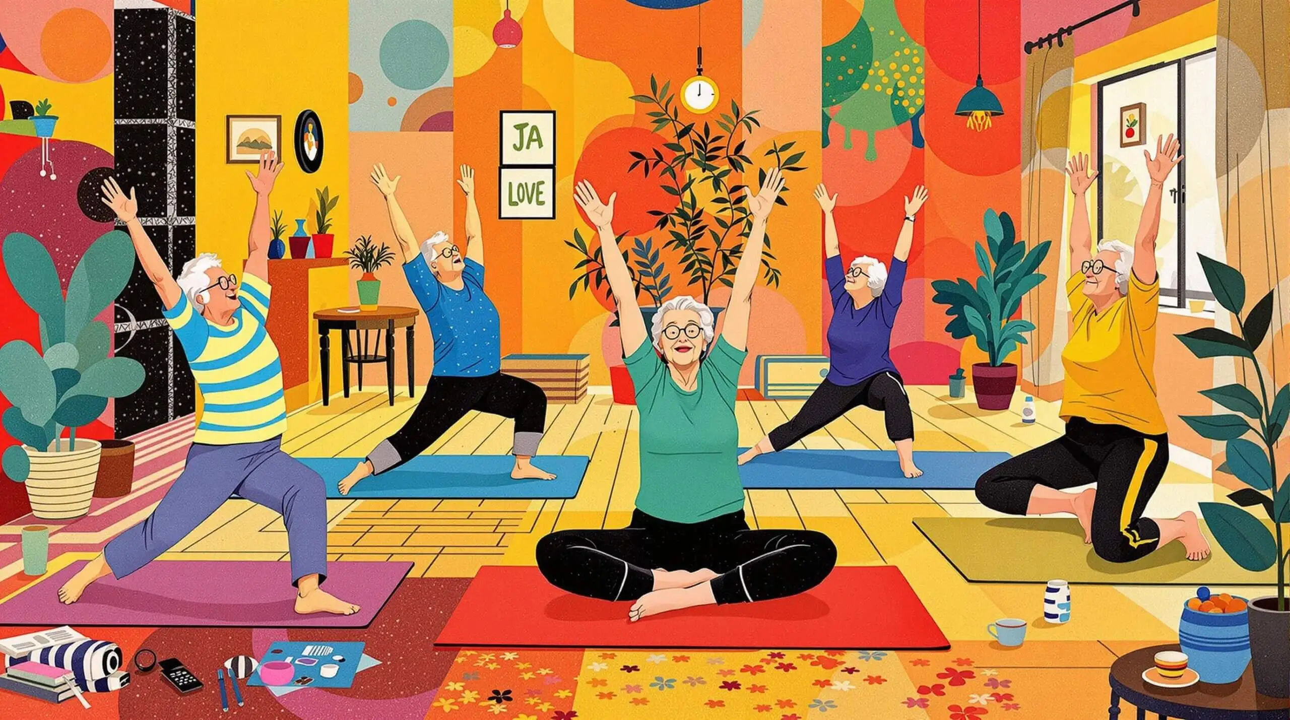 Elderly group performing yoga in a vibrant studio