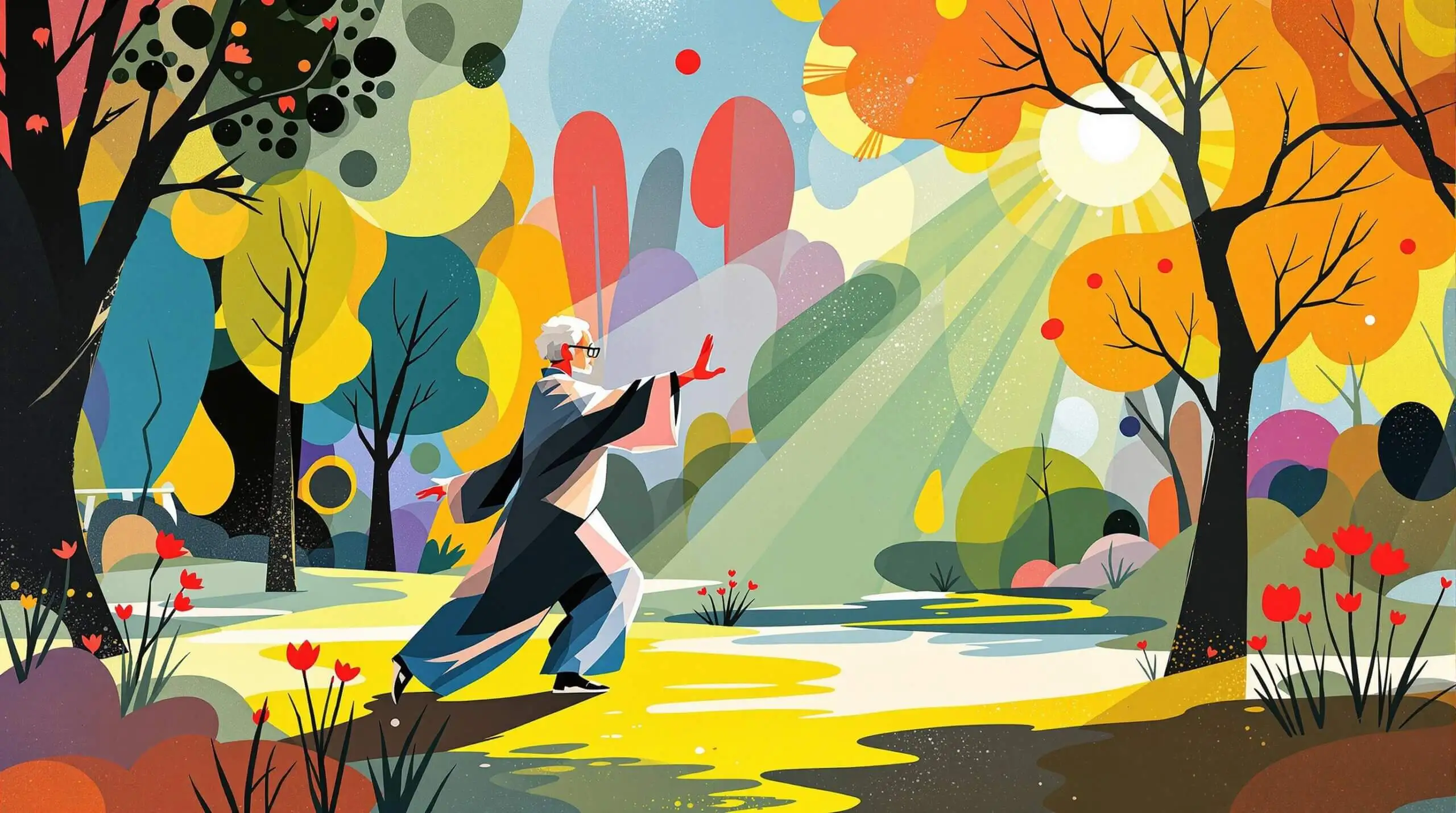 An elderly person practicing tai chi in a park with abstract background