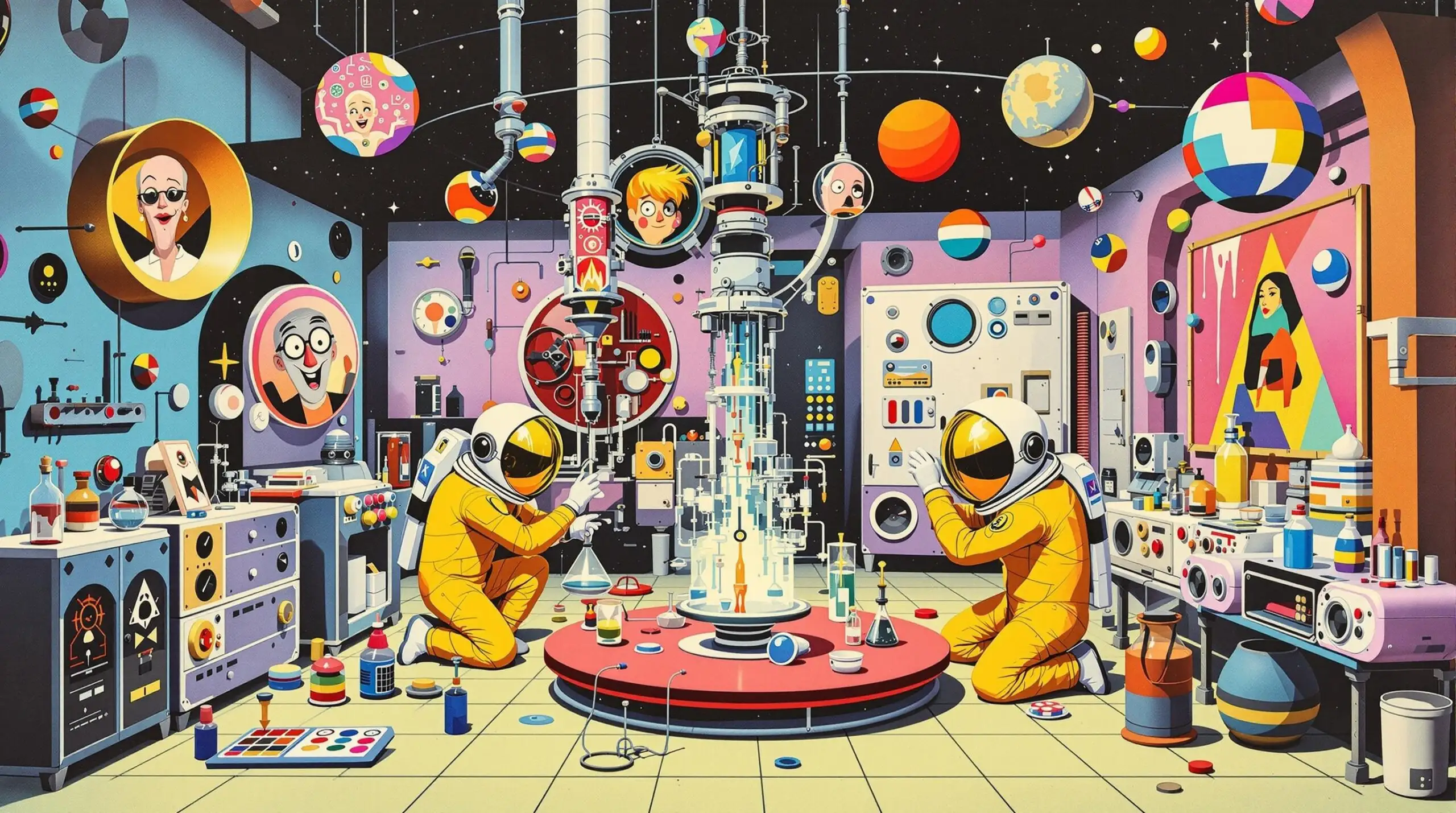 Astronauts in a colorful space lab with equipment studying zero gravity's impact on aging.