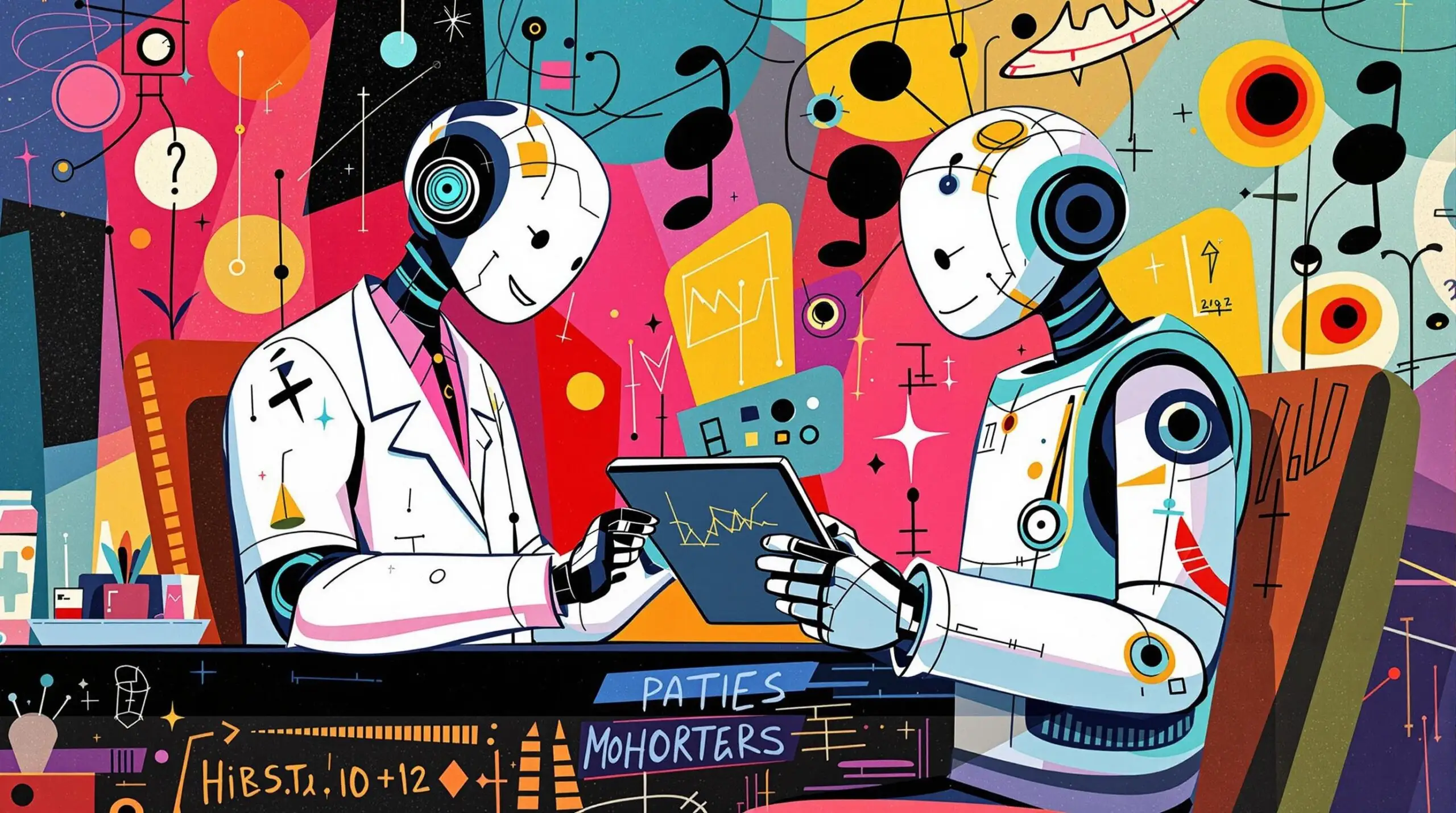 Comical illustration of a doctor and robot analyzing data together in a vibrant hospital setting.
