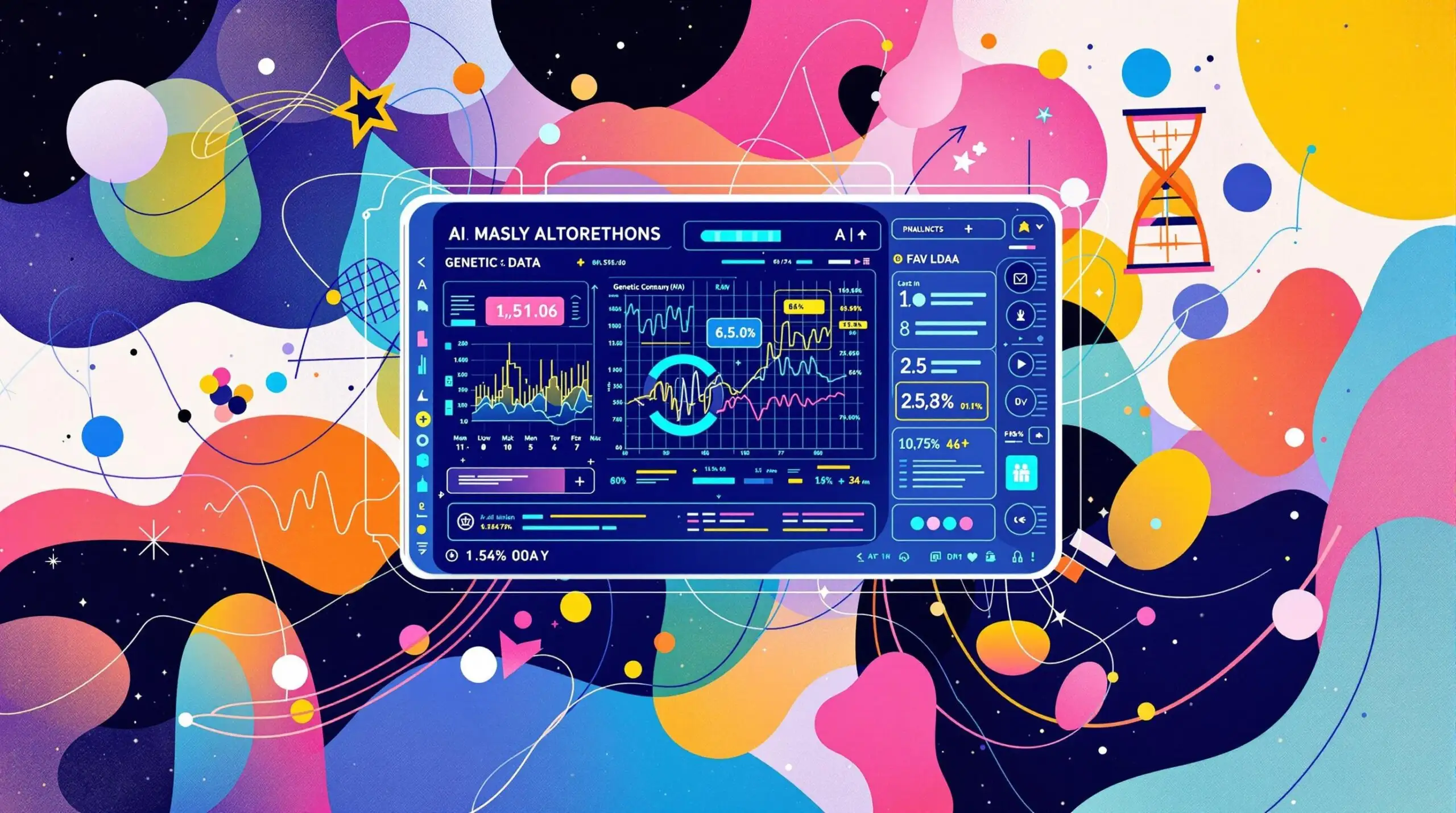 An artistic rendition of AI technology analyzing genetic data with vibrant abstract background.