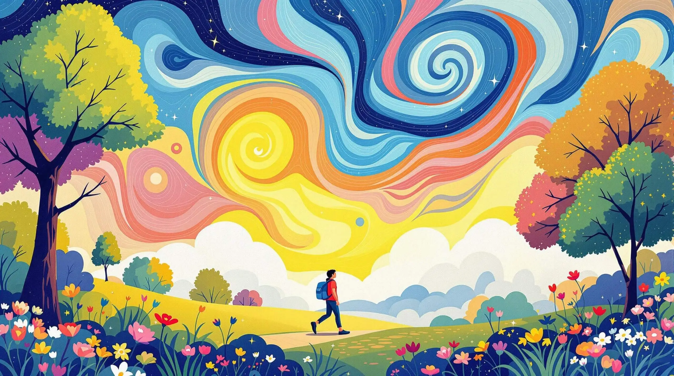 A person walking in a park under a sky filled with swirling patterns symbolizing clean air.