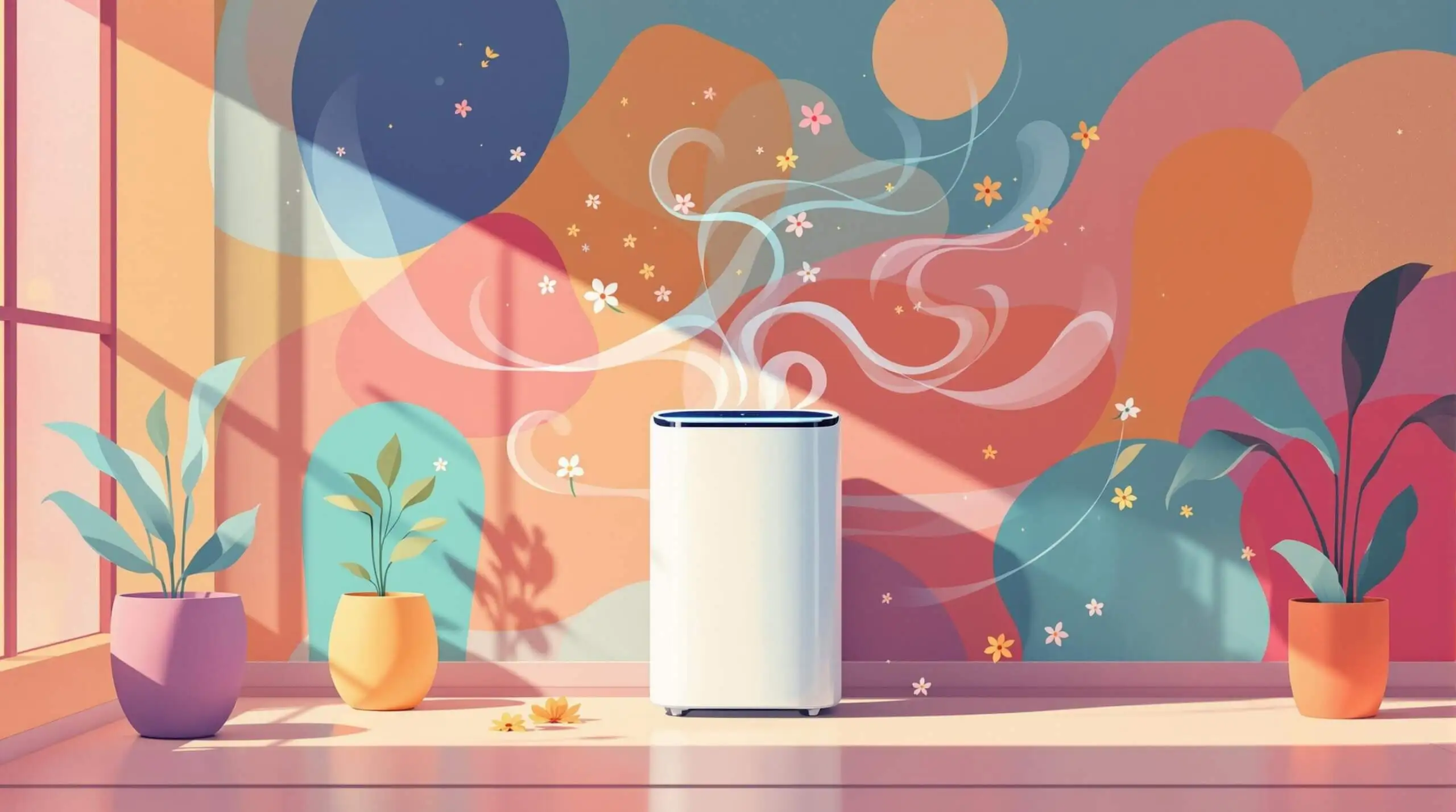 A modern air purifier in a vibrant room with clean air currents depicted as flowers and leaves.