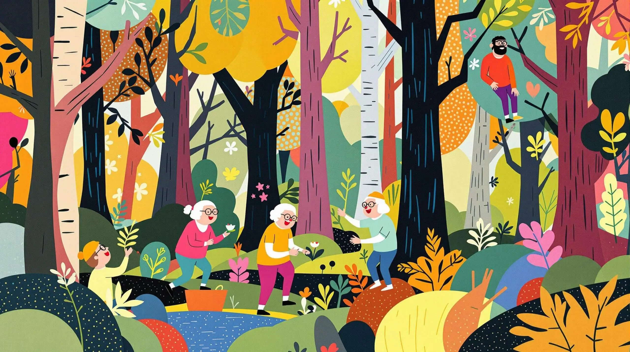 Elderly people engaging in outdoor activities in a forest, inspired by ancestral habits.