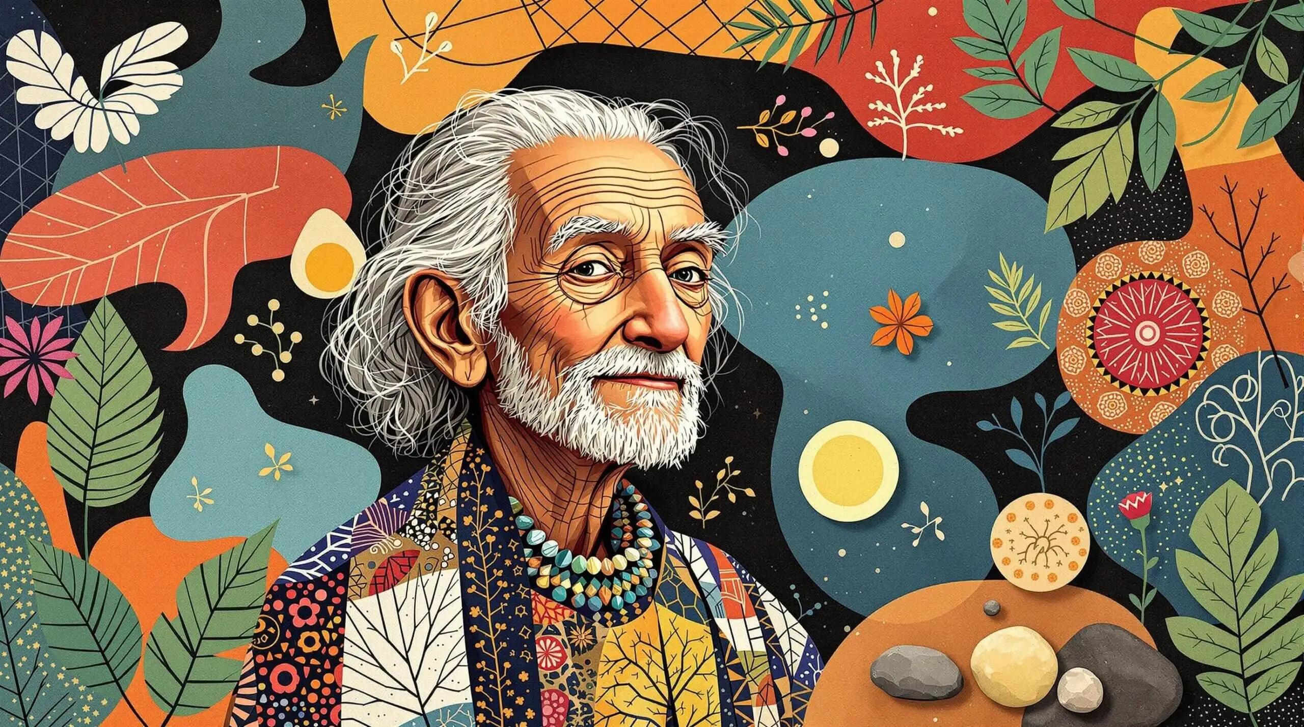 An elderly person surrounded by abstract natural elements, embodying ancestral wisdom.