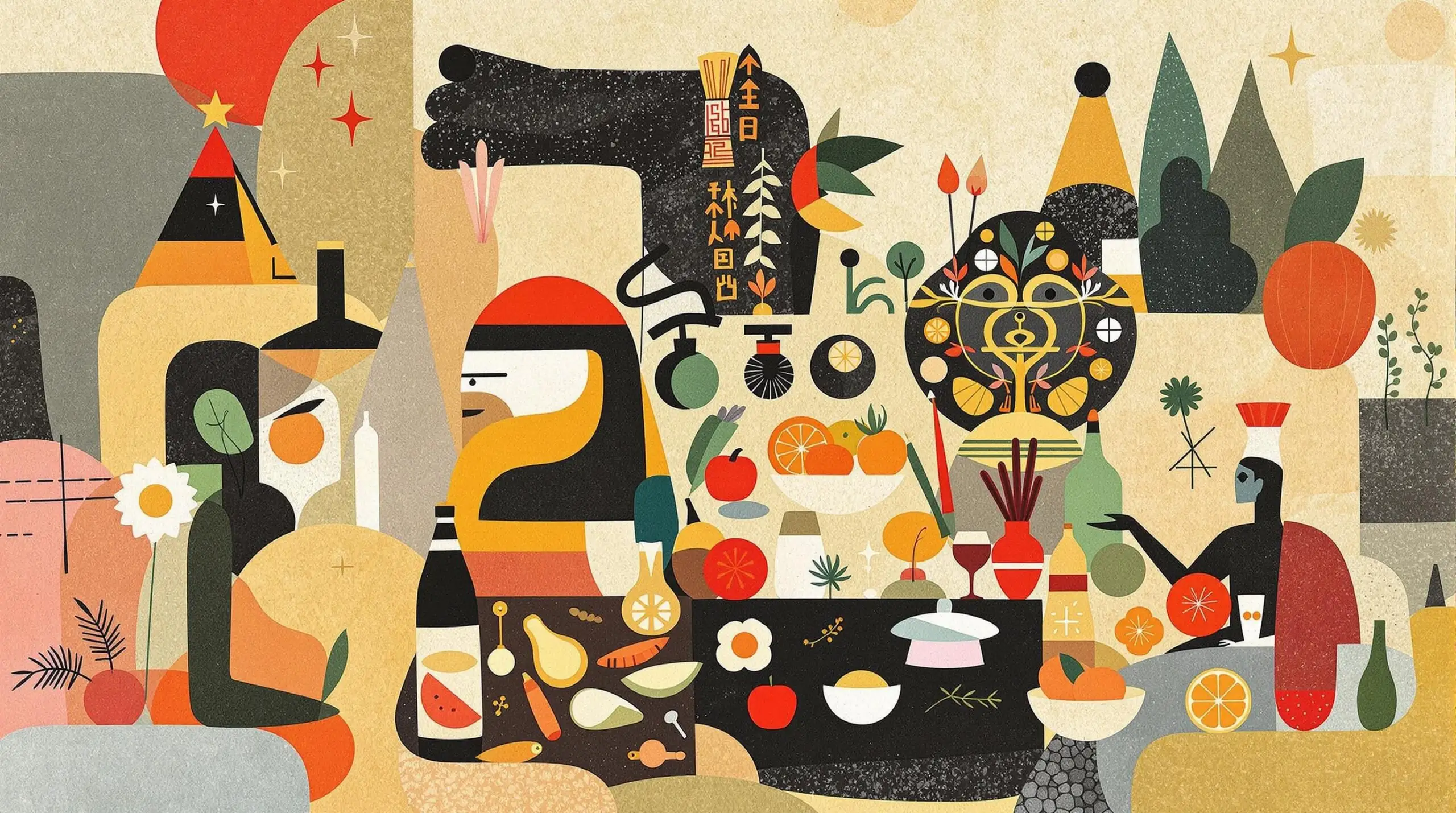 A collage of ancient Egyptian, Greek, and Chinese civilizations, illustrating their traditional foods and symbols in a Hanna Höch style.