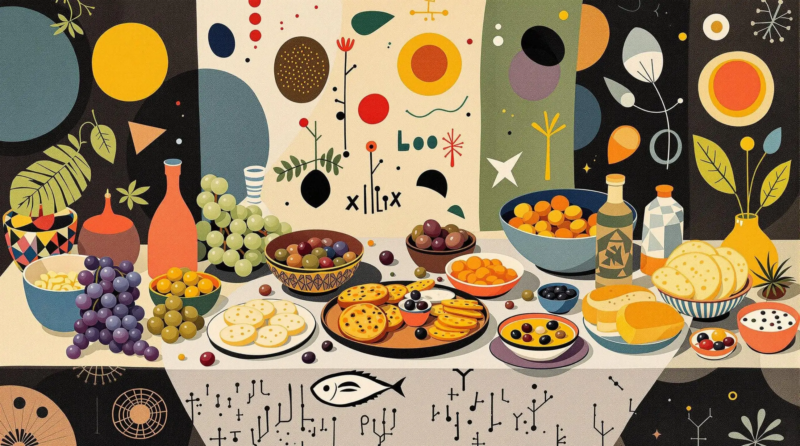 A colorful illustration of an ancient Roman banquet with grapes, bread, olives, and fish, styled like a Joan Miró artwork.