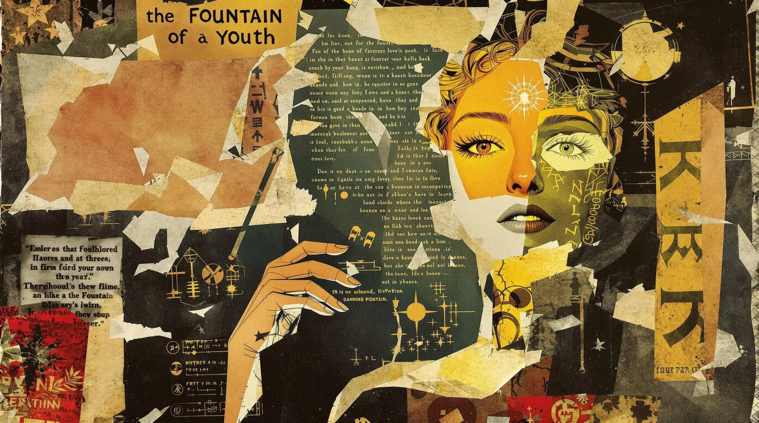 A collage illustration with elements of folklore and modern vitality concepts, featuring a youthful figure and vintage scrolls.