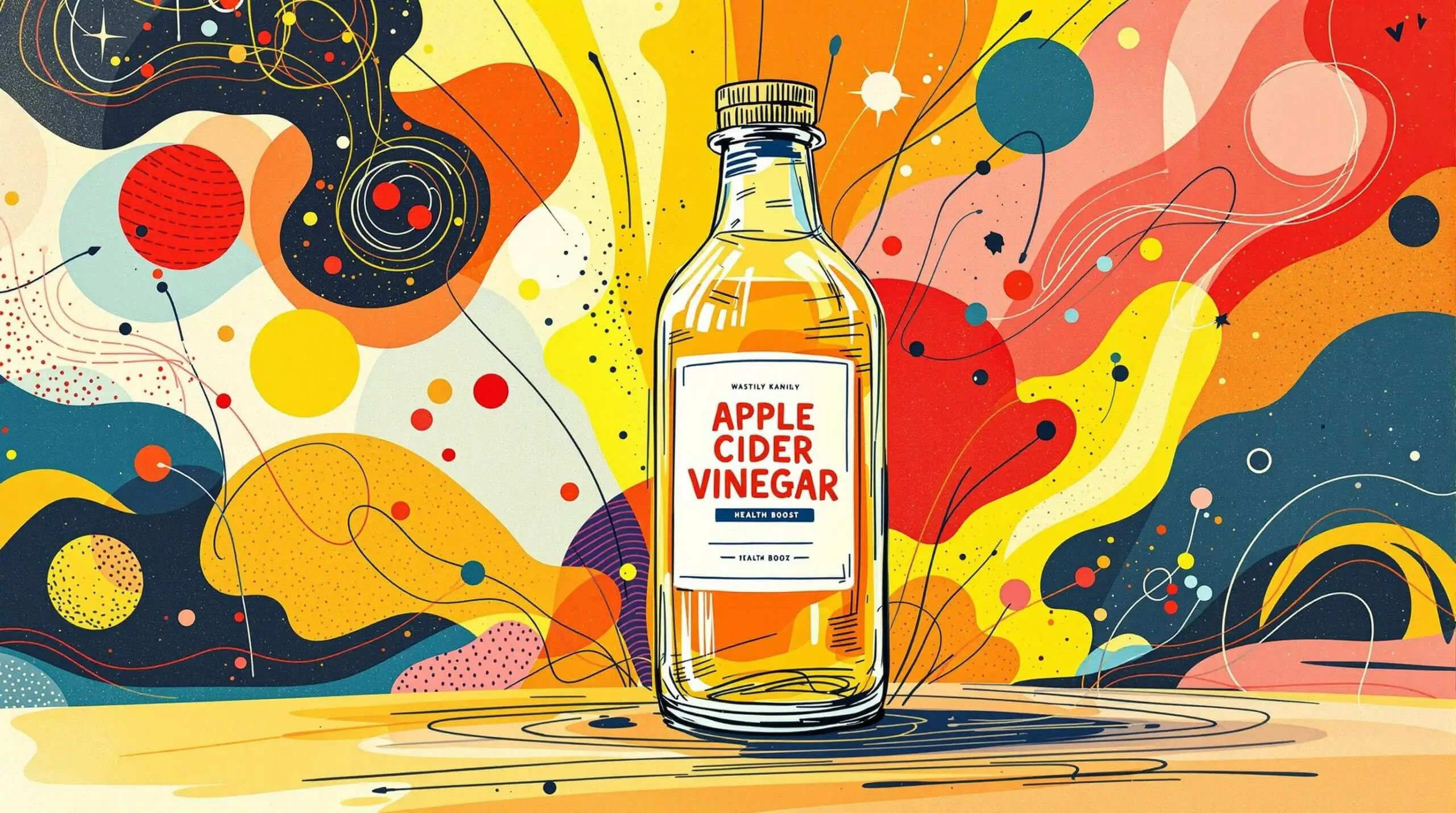An abstract artistic illustration of a bottle of apple cider vinegar surrounded by colorful shapes and patterns.