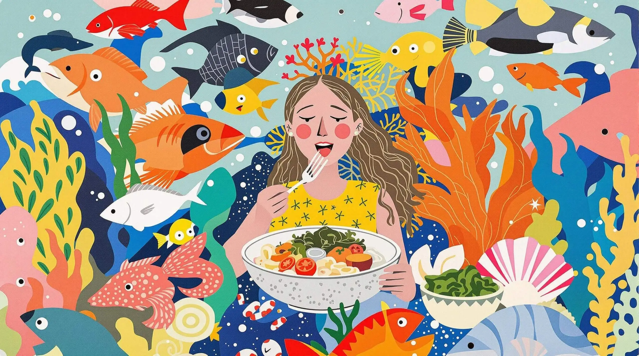A collage depicting a person eating fish, seaweed salad, and shellfish with an underwater theme.