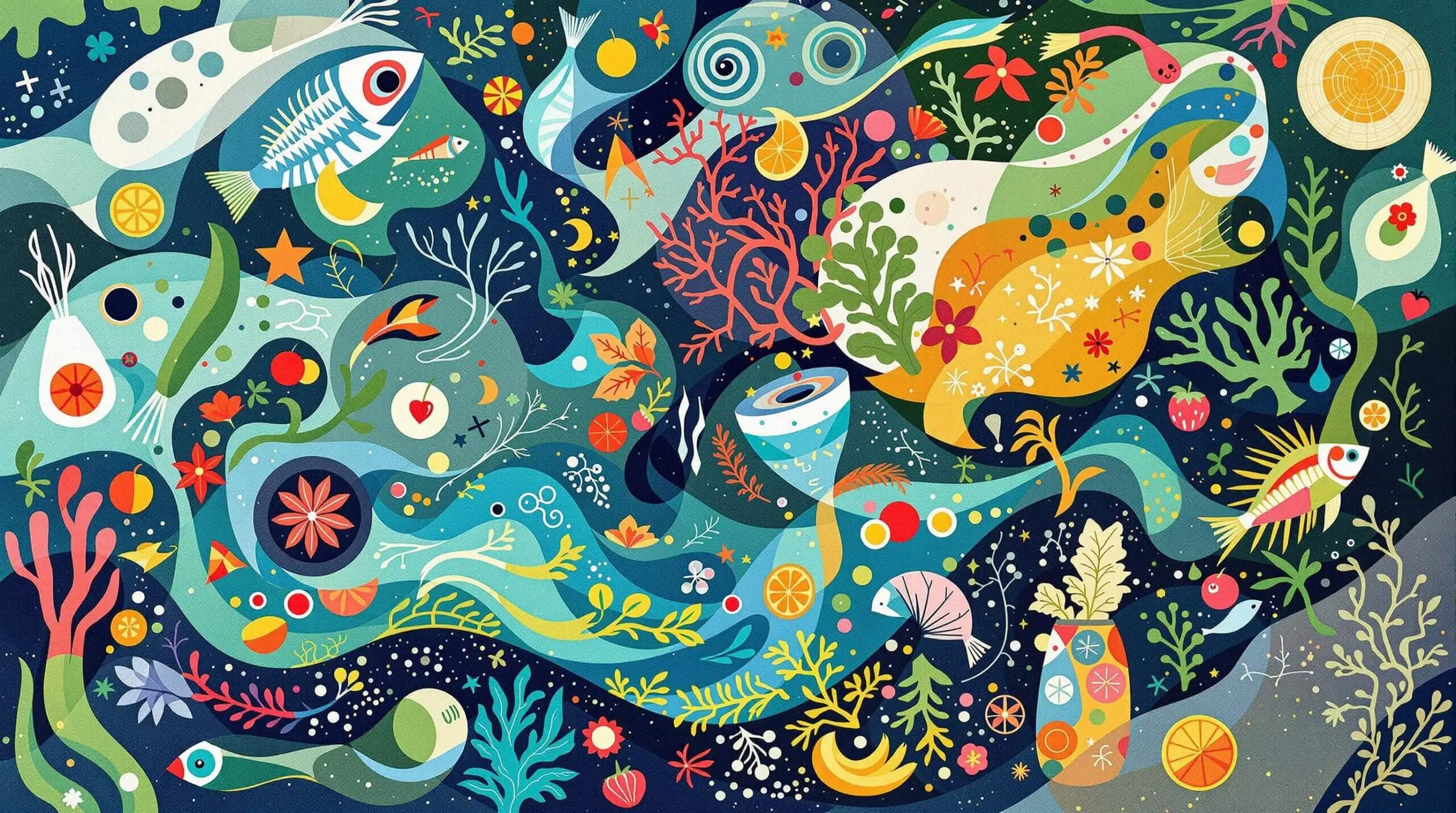 An abstract depiction of water-based foods intertwined with geometric patterns symbolizing health and longevity.