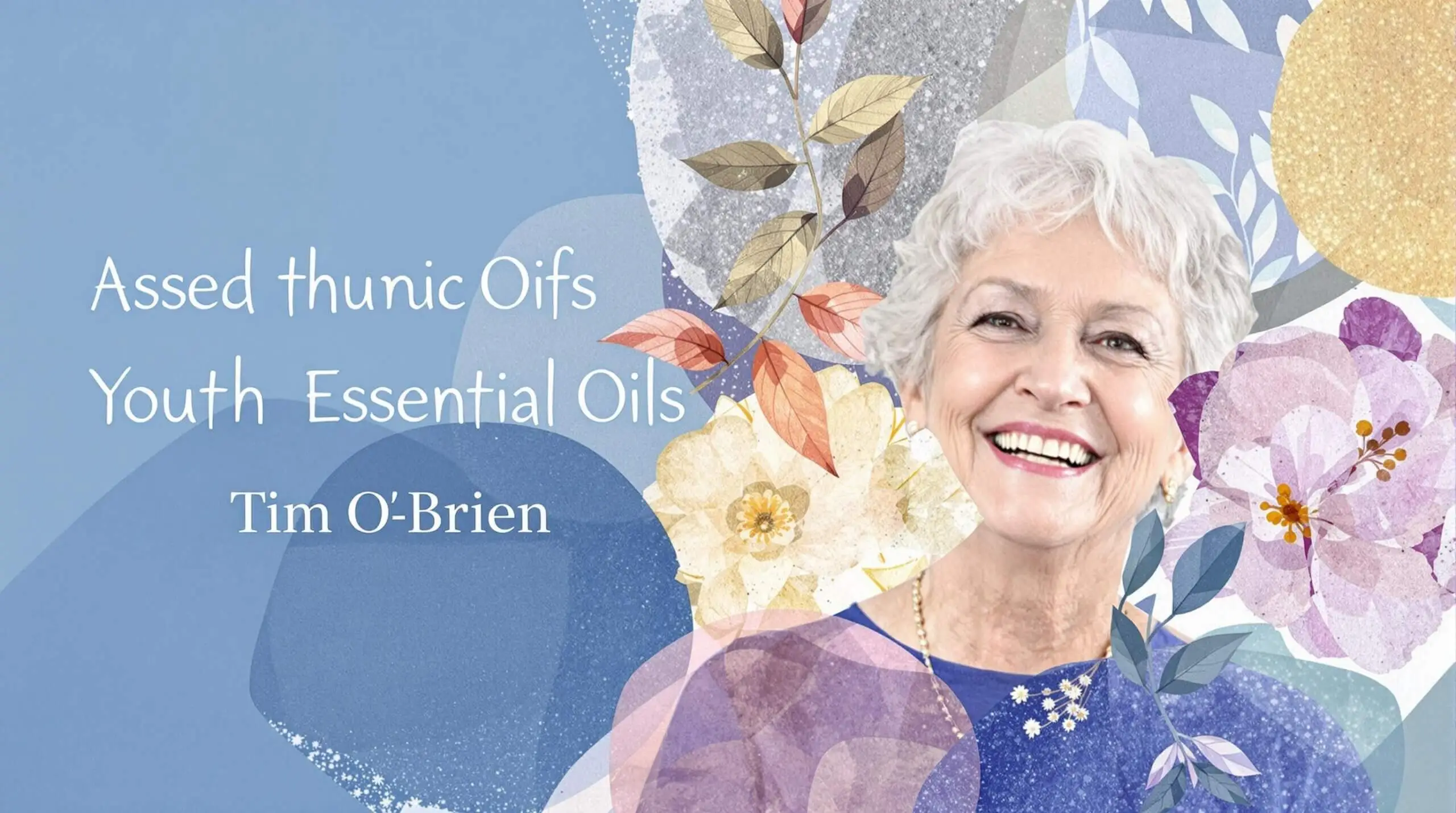 A collage of a senior woman with abstract floral motifs, symbolizing tranquility and rejuvenation from essential oils.