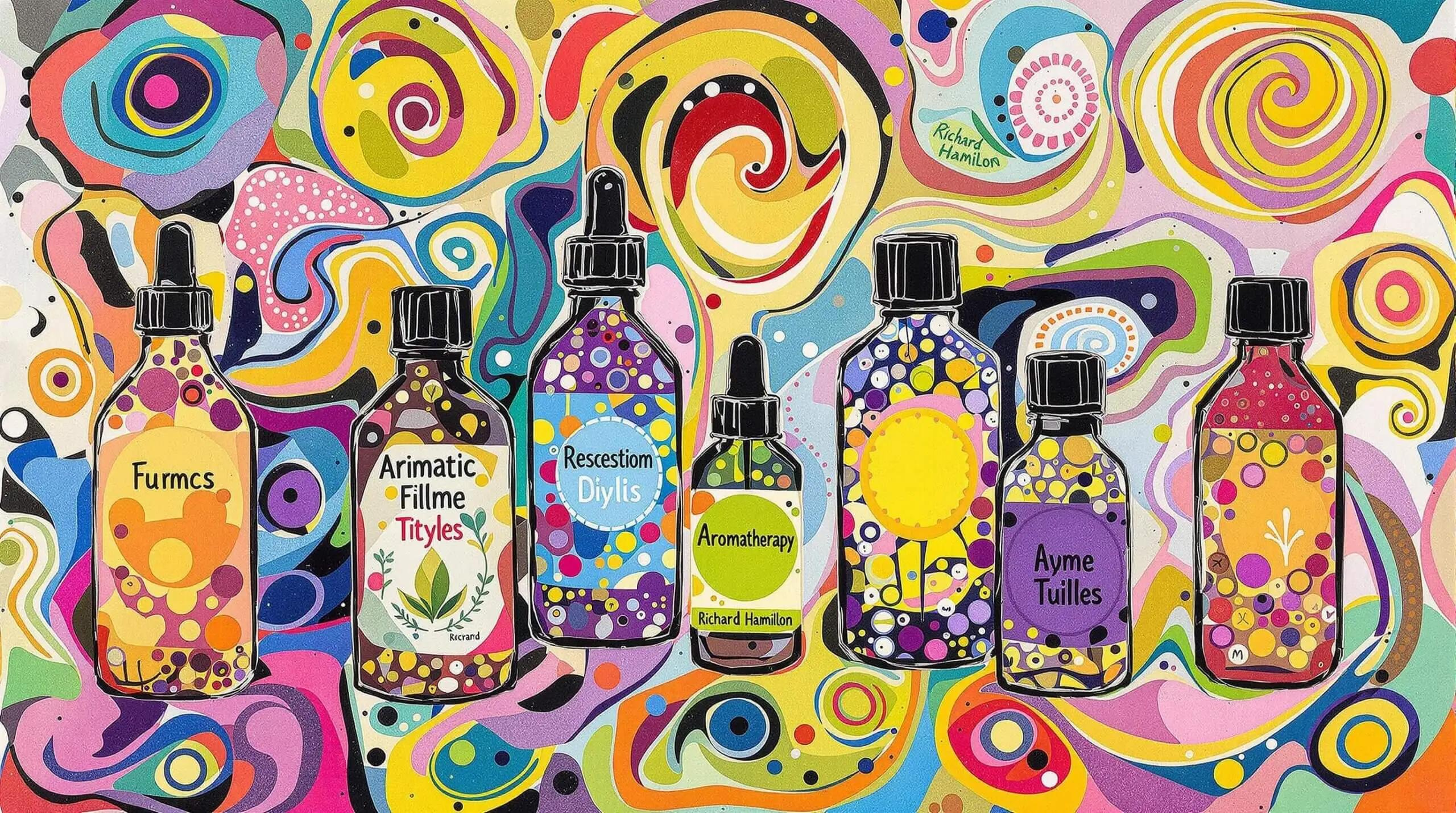 An artistic collage of aromatherapy bottles with colorful patterns indicating energy and renewal.