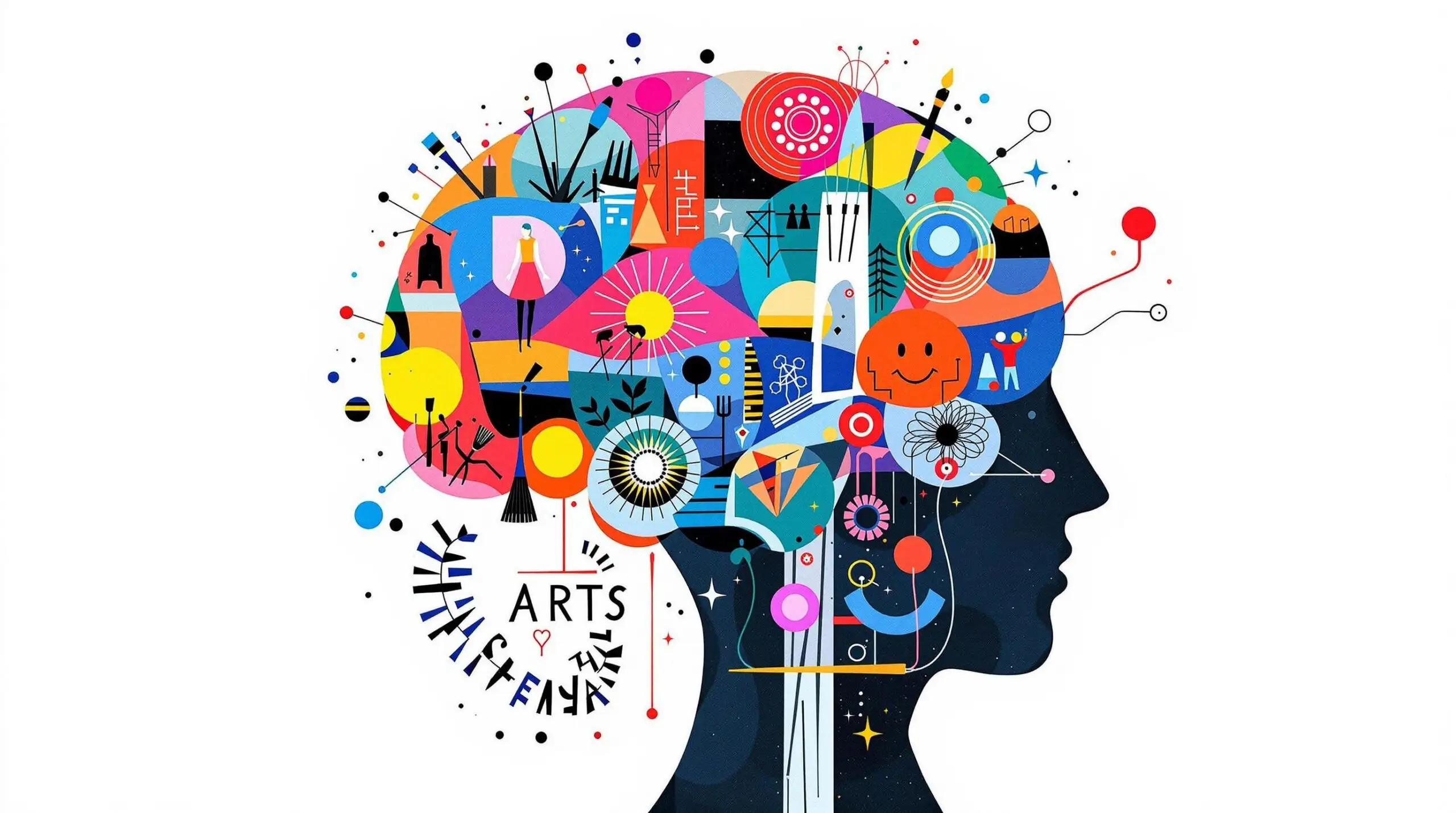 An abstract illustration of a brain composed of dynamic art elements signifying creativity's influence on cognitive functions
