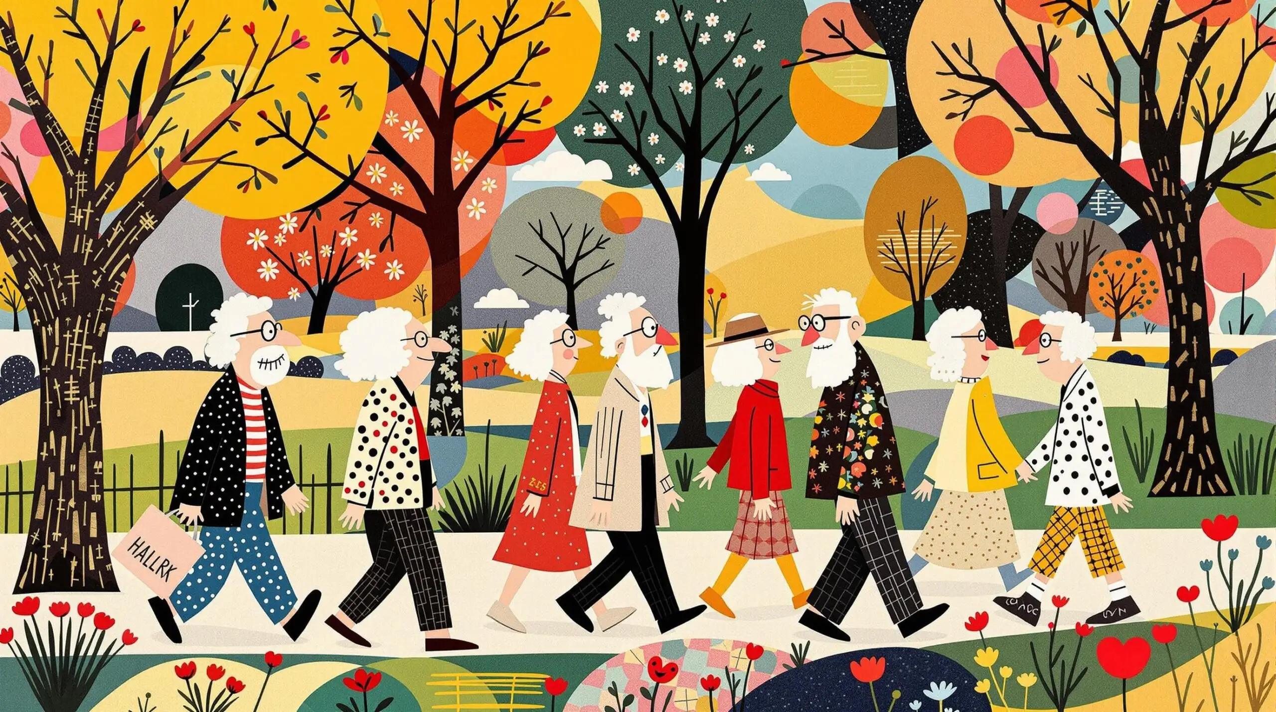 A playful collage of elderly individuals walking in a park, with abstract patterns, depicting activity and camaraderie.