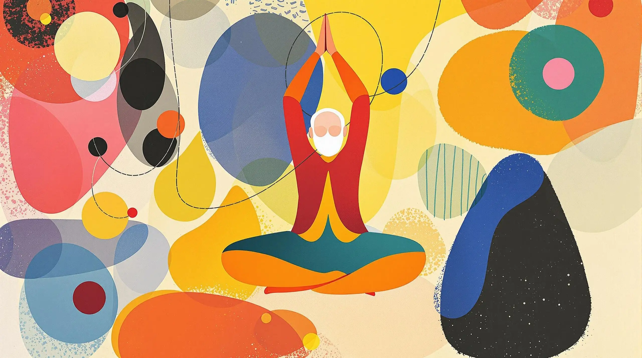An elderly person practicing yoga surrounded by abstract shapes in a Kandinsky-inspired artwork.