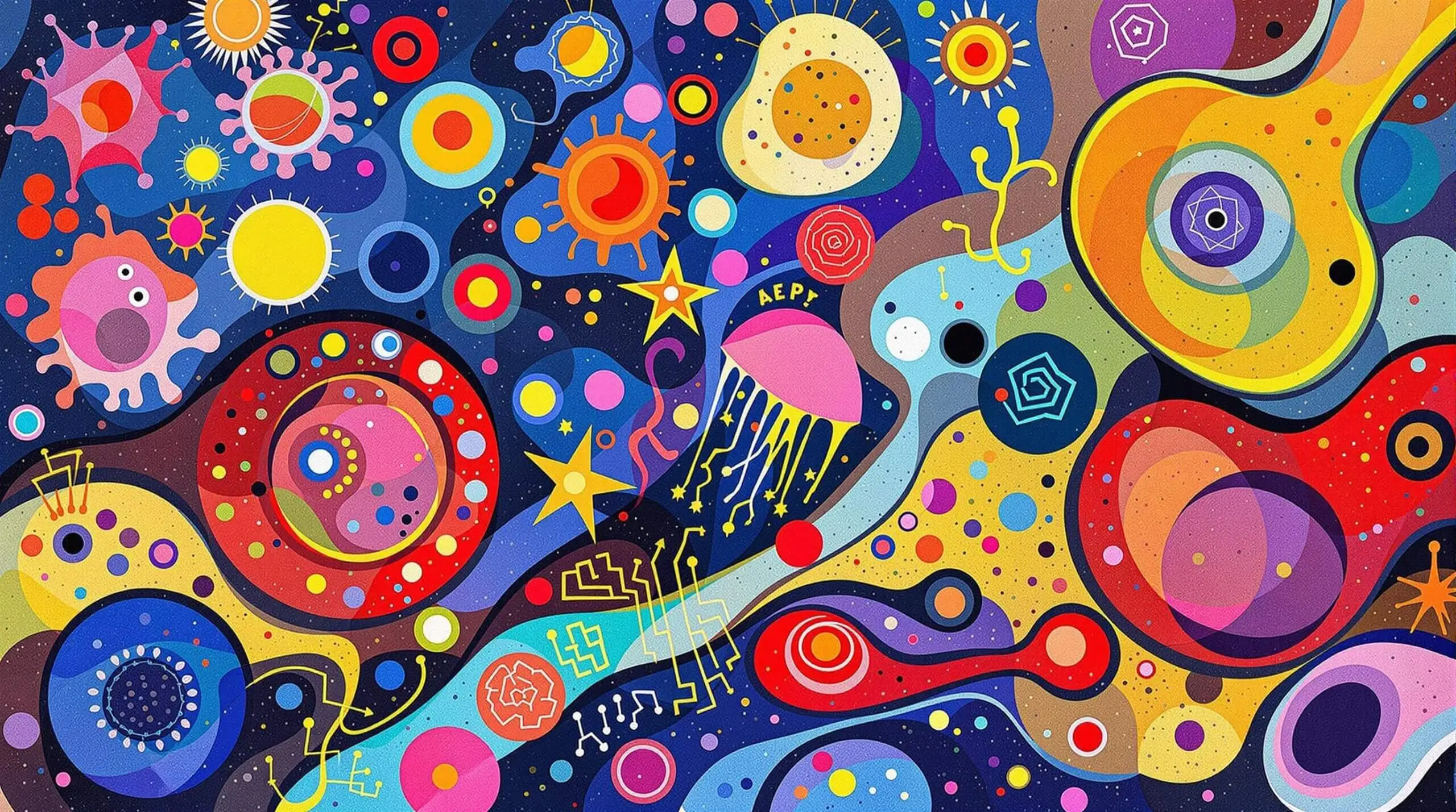 An artistic illustration of cellular autophagy in vibrant colors, inspired by abstract artist Wassily Kandinsky.