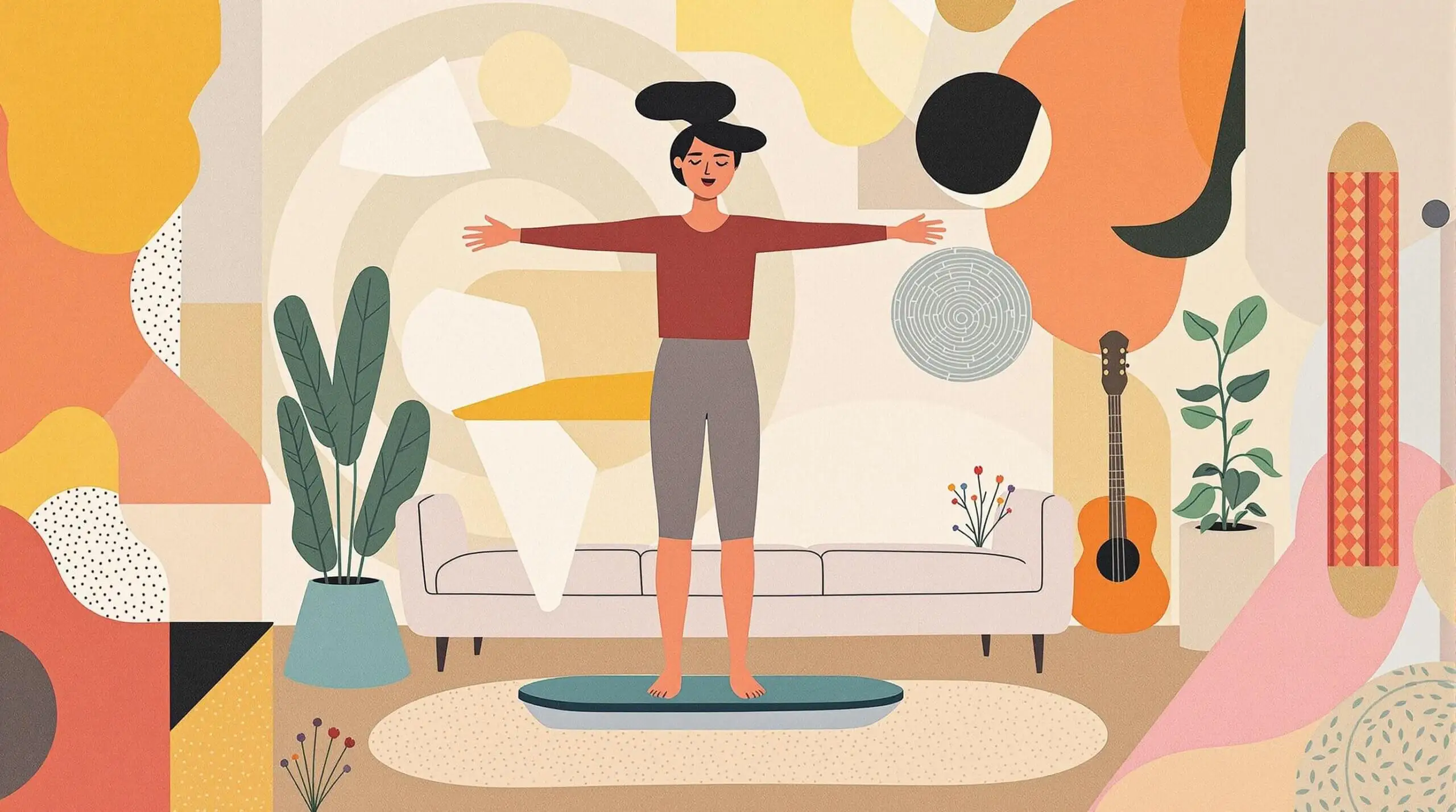 A person using a balance board at home in a collage-style illustration with abstract elements.