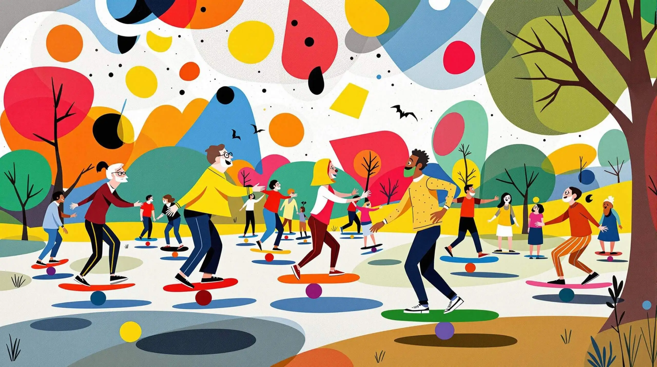 A colorful, playful illustration of people of various ages using balance boards in a park.
