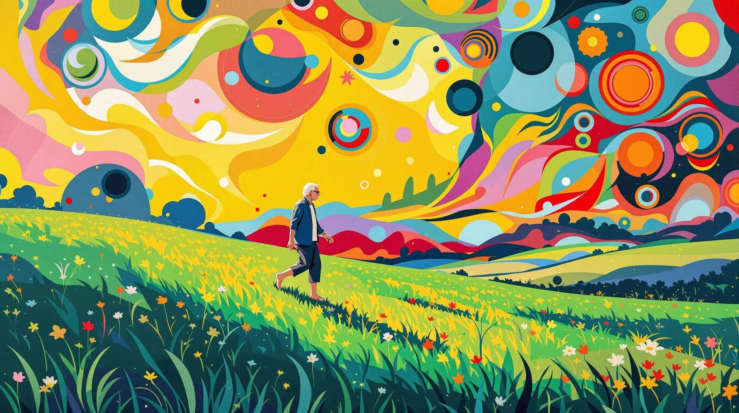 An elderly person walking barefoot in a vibrant, Kandinsky-style landscape.